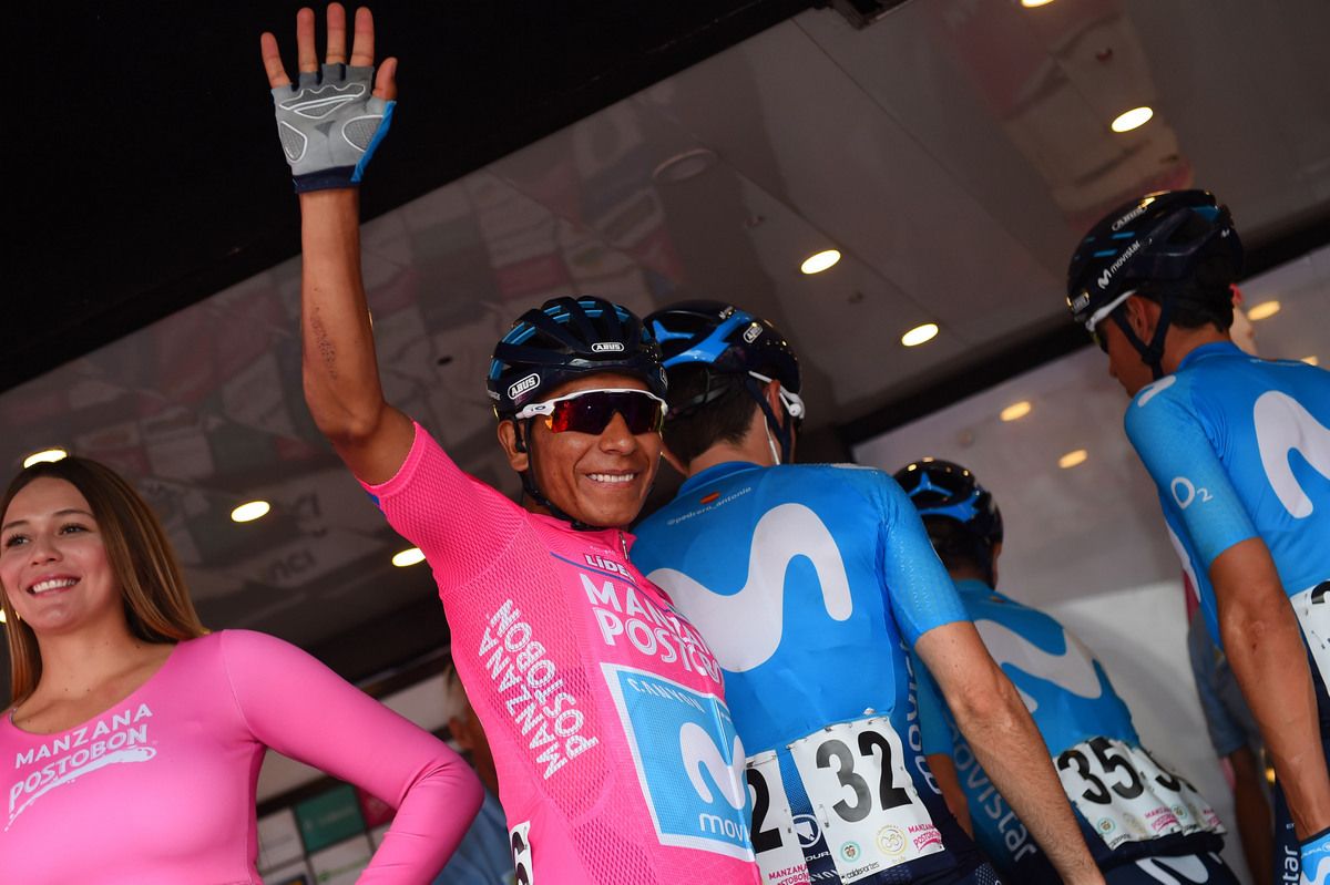 Nairo Quintana (Movistar) waves from the sign on