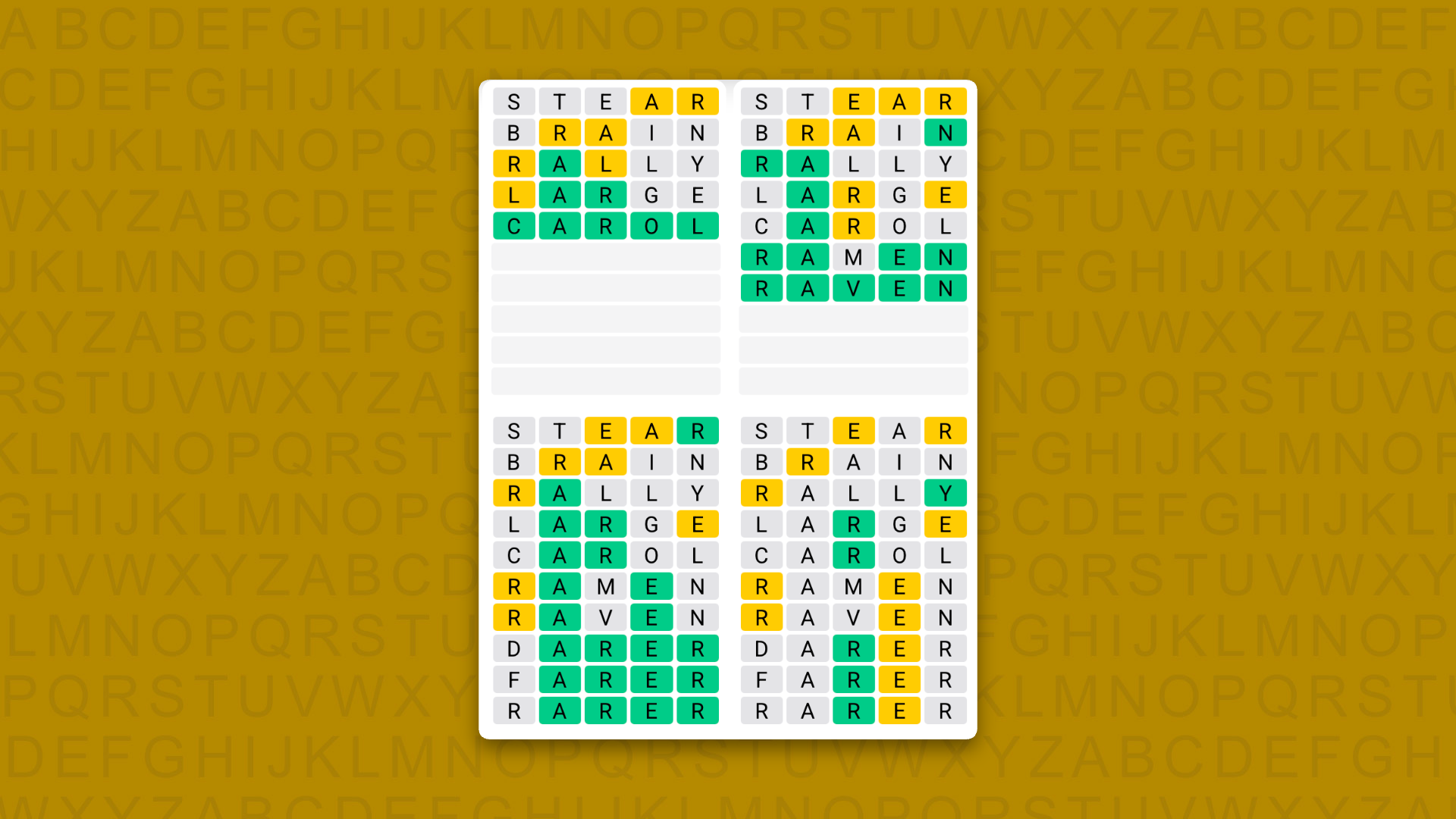Quordle Daily Sequence answers for game 1705 on a yellow background