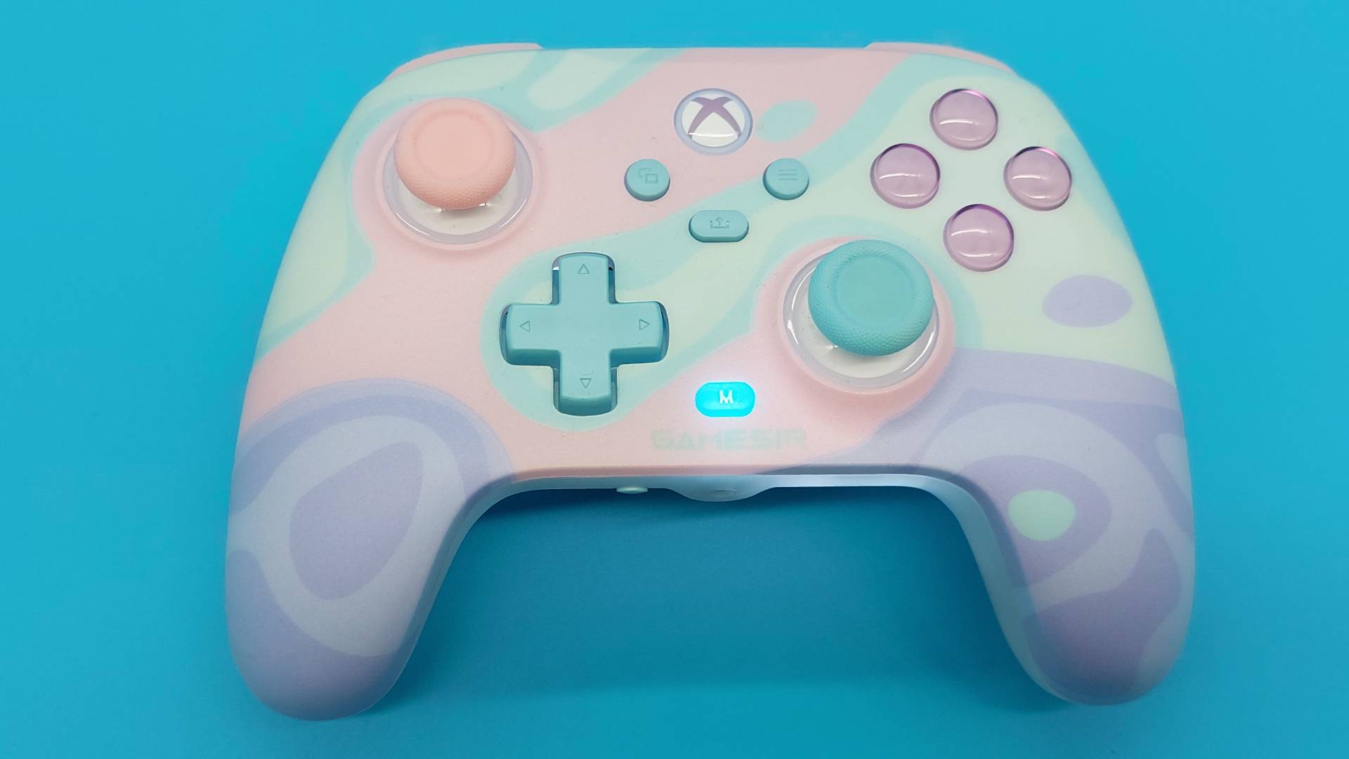 The GameSir T7 Pro Sugar Whirl Wireless Controller seen from various angles.