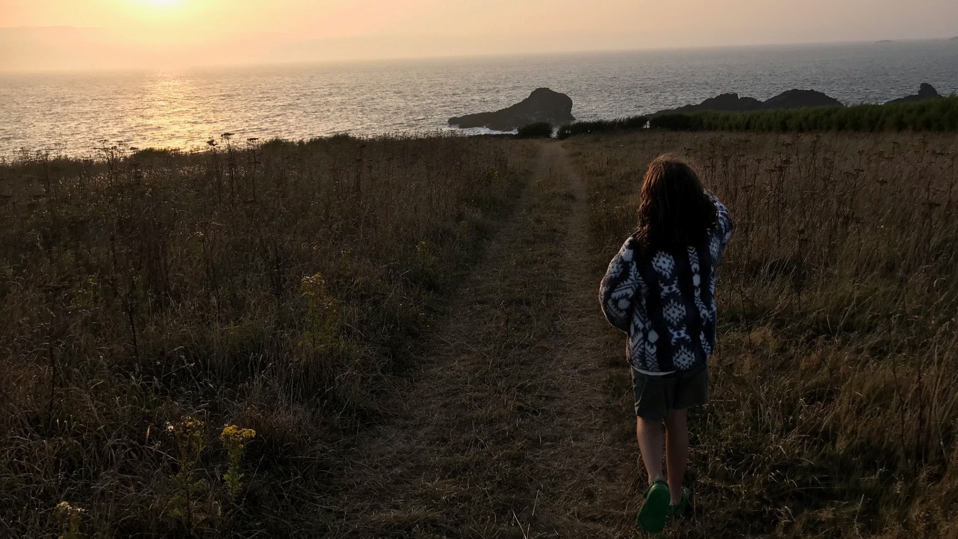 The image shows the silhouette of a child walking along a clifftop towards the setting sun and the Atlantic ocean, wild grass and flowers at his feet