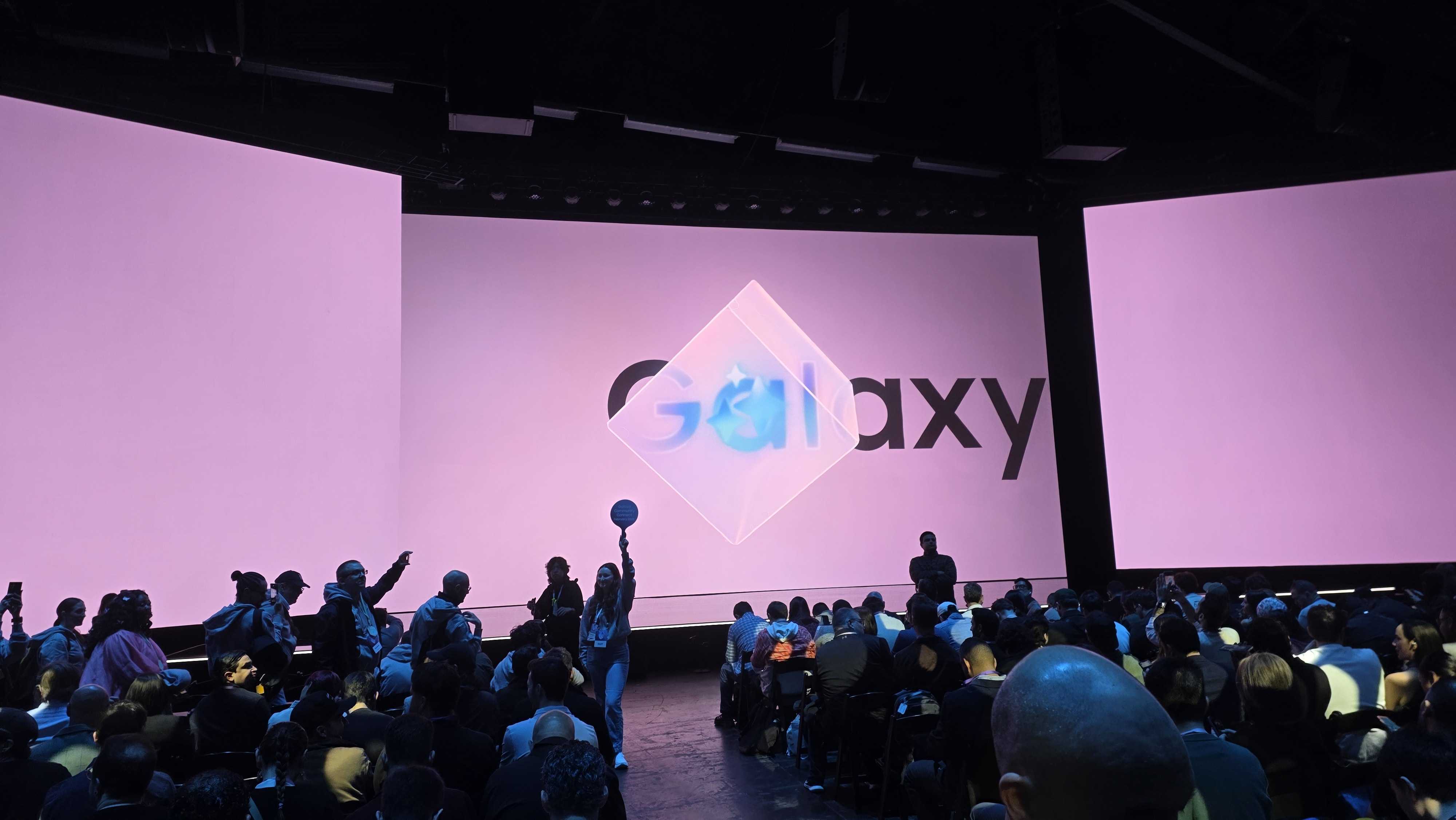 Rows of seats and a stage ready for the Galaxy S26 launch in San Francisco