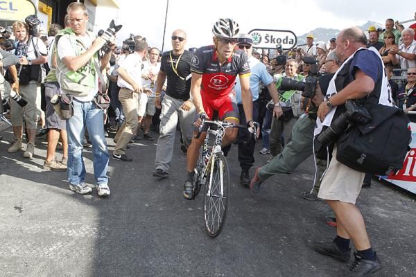 Lance Armstrong (RadioShack) crosses the line after a tough day in the saddle.