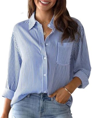 Ibaotoroni Women's Striped Button Down Shirts: Long Sleeve Office Casual Business Blouses With Pocket