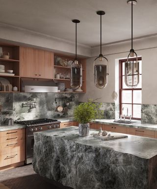 wood kitchen with rugged marble island unit
