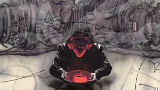 Artwork from Zero Parades: For Dead Spies showing the Conditioning thought Ineffable Melancholy, showing a man with bulky headphones about to play a red disc