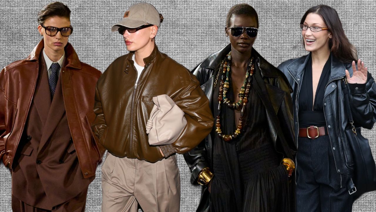 Images of brown and black leather bomber jackets from Saint Laurent Spring 2025 runway show, Hailey Bieber wearing a brown leather bomber jacket, and Bella Hadid wearing a black leather bomber jacket.