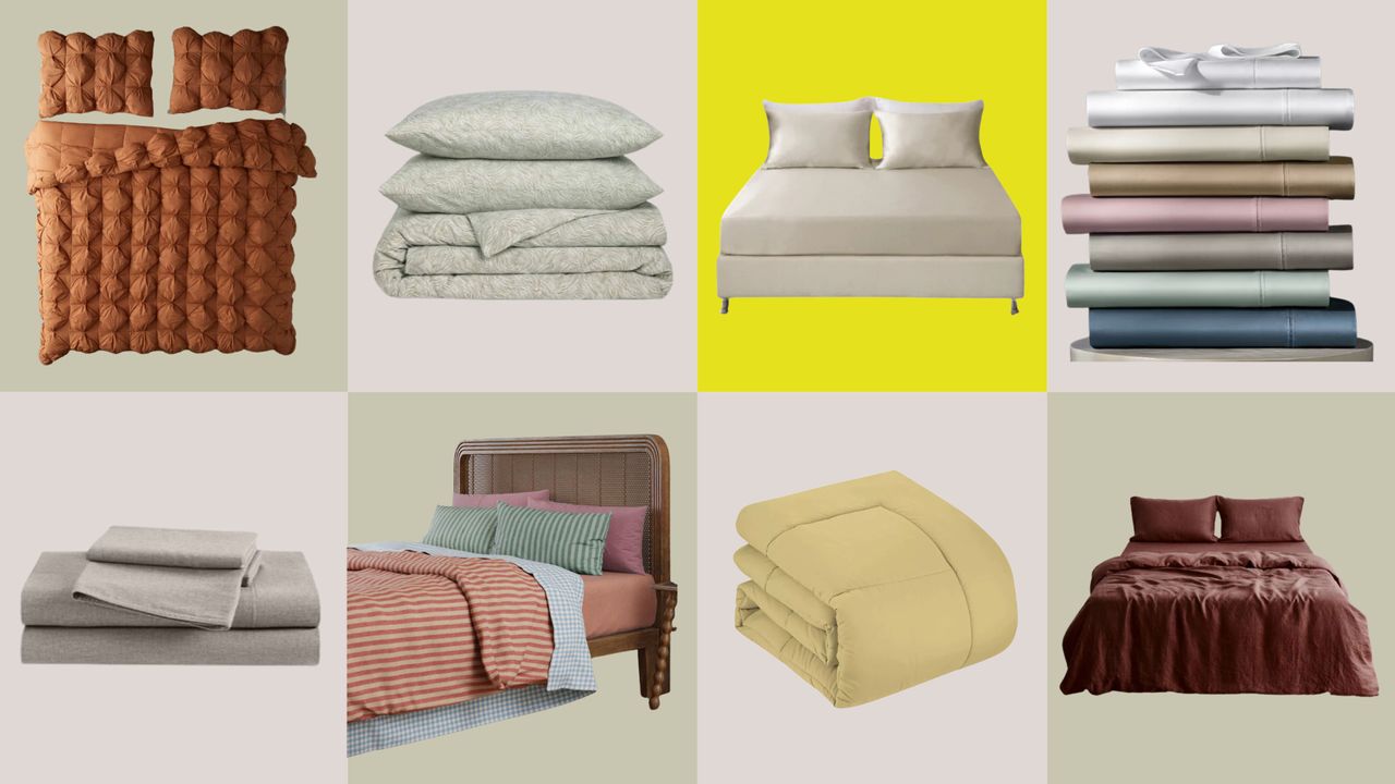 A collage of bedding items