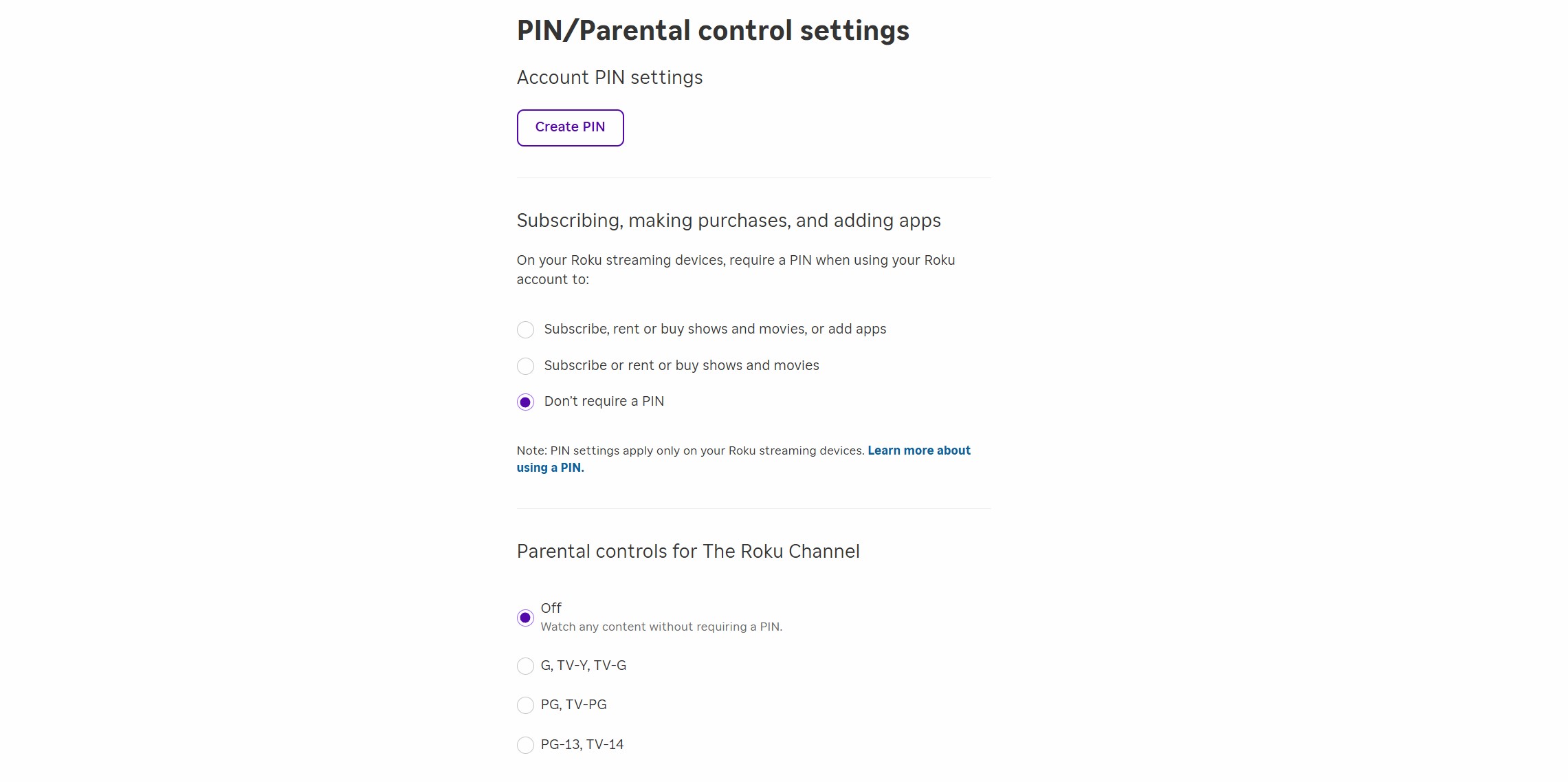 Screenshot of Roku parental controls page