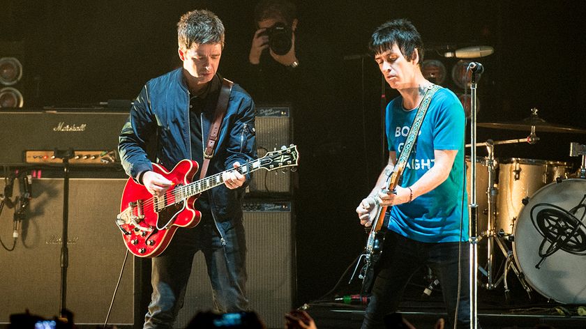 Noel Gallagher and Johnny Marr perform two songs together at the end of Johnny Marr&#039;s show at Brixton Academy on October 23, 2014 in London, England