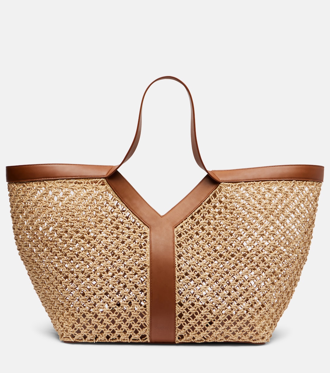 Y Leather-Trimmed Raffia Shopper in Neutrals - Saint Laurent