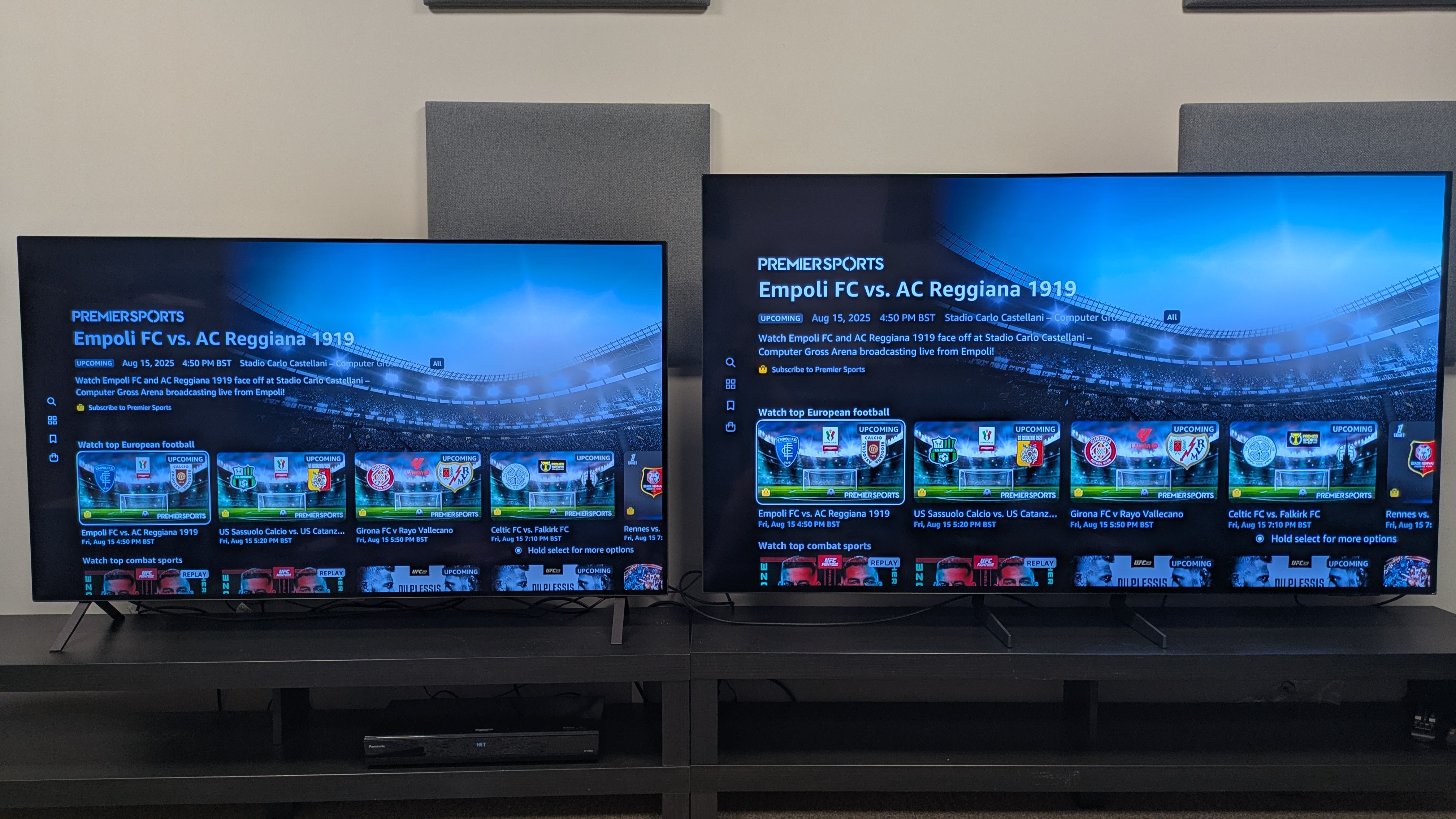 LG B5(left) and Samsung S85F (right) with Prime Video Sports page on screen