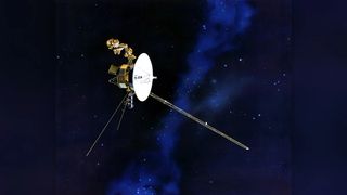 An artist's illustration of Voyager 1 with its antenna pointed back at Earth.