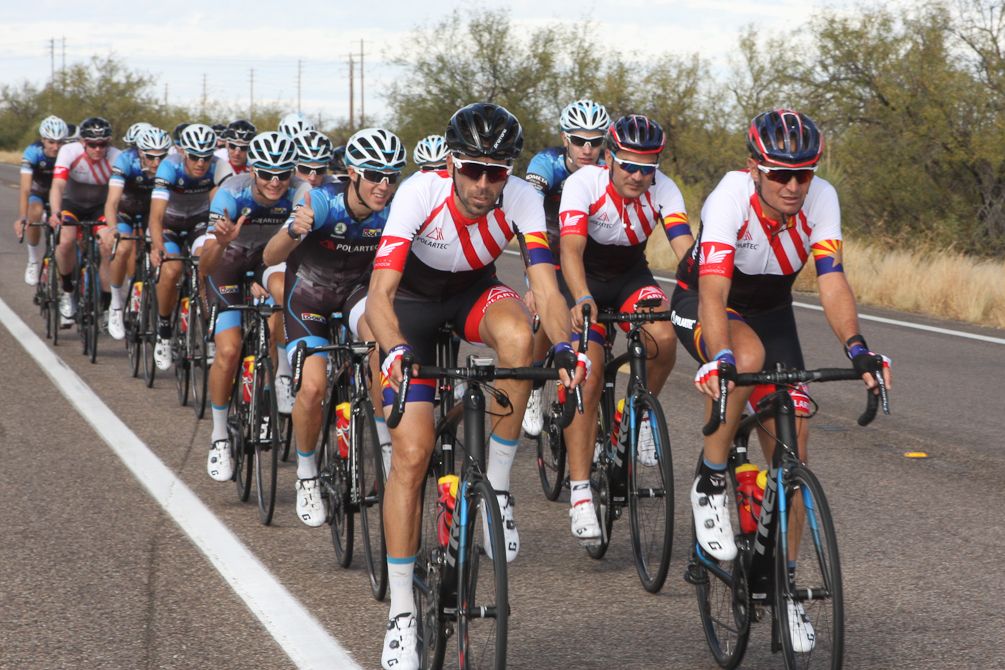Polartec-Kometa riders, staff and guests enjoy a ride in the desert on day 1 of the training camp in Tucson.