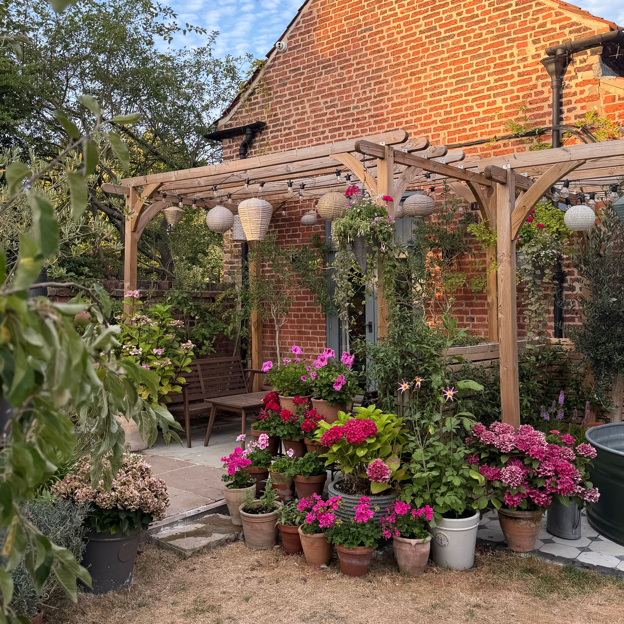 Wooden pergola with lanterns and flowers around the base