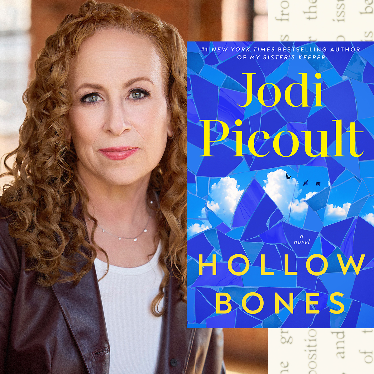 a split image of author jodi picoults headshot and the cover of her book hollow bones
