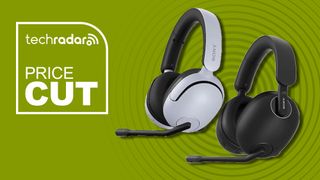 A Sony Inzone H5 and H9 headset on a green background with white price cut text