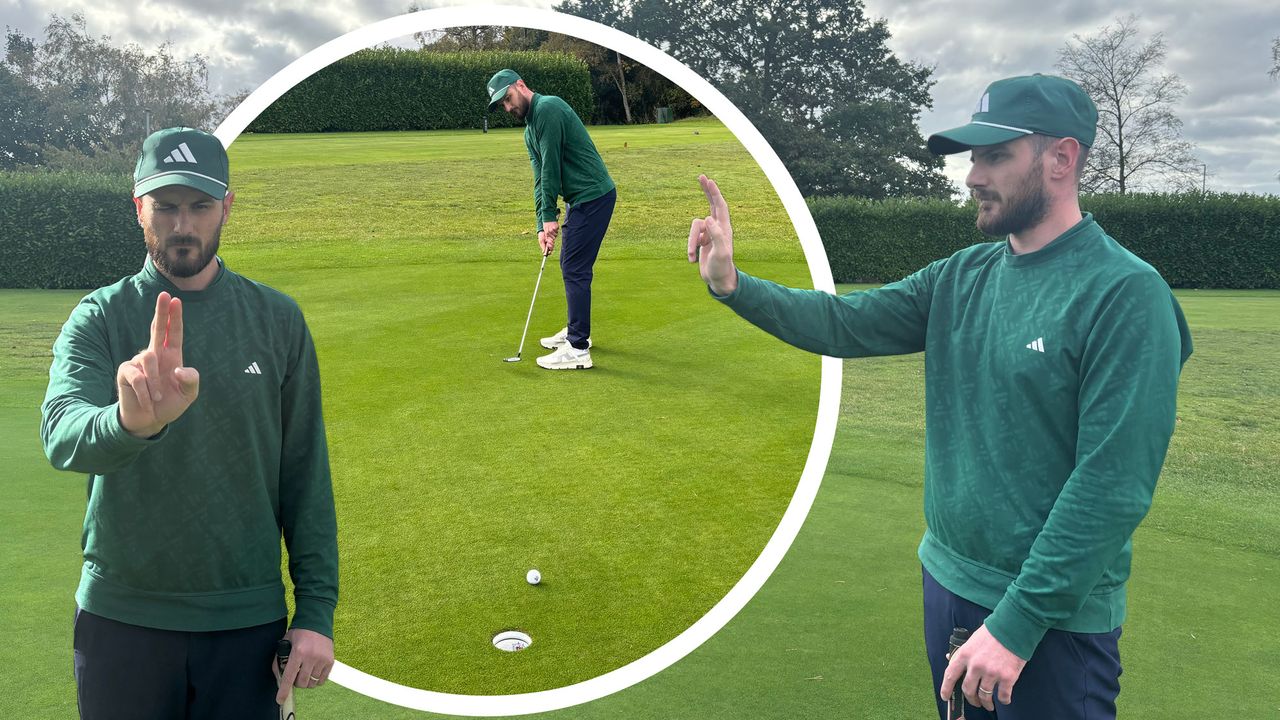 Barry Plummer reading a green using AimPoint express side-on and front-on, with an inset image of Barry Plummer putting on the green