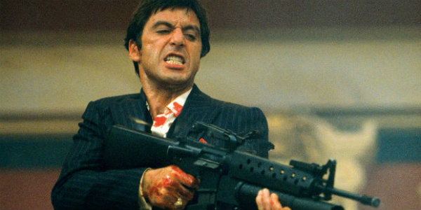 Al Pacino&#039;s Scarface with an assault rifle during the film&#039;s climax