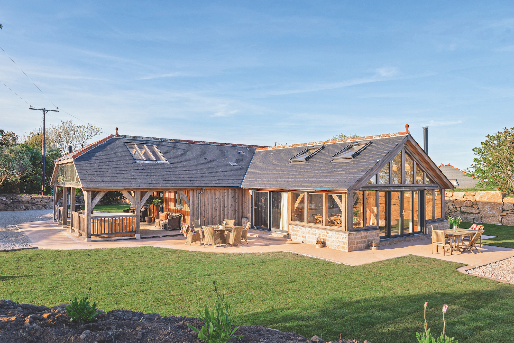 exterior of two oak frame extension to bungalow