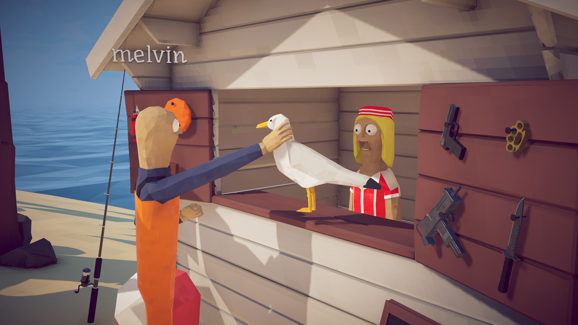 A fisherman proudly presents a caught seagull to a shocked firearms dealer in How to Fish