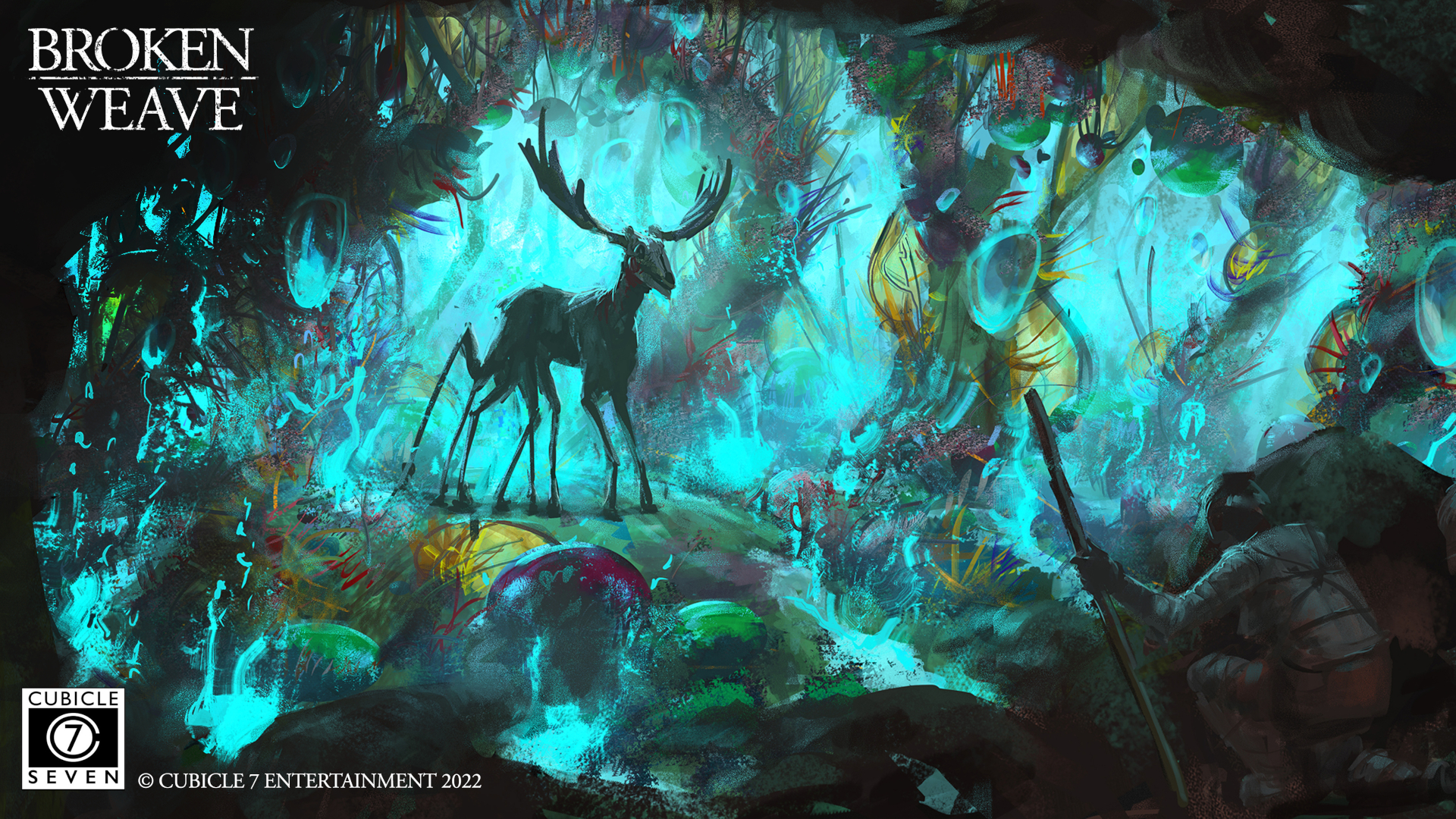 What appears to be a deer can be seen in amongst glowing plant-life, but it has too many legs and a skull-like head