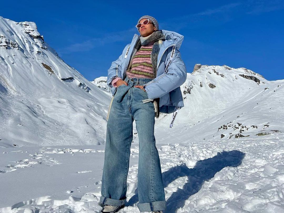 european ski essentials: Tamu mcpherson in jacket and fair isle knit