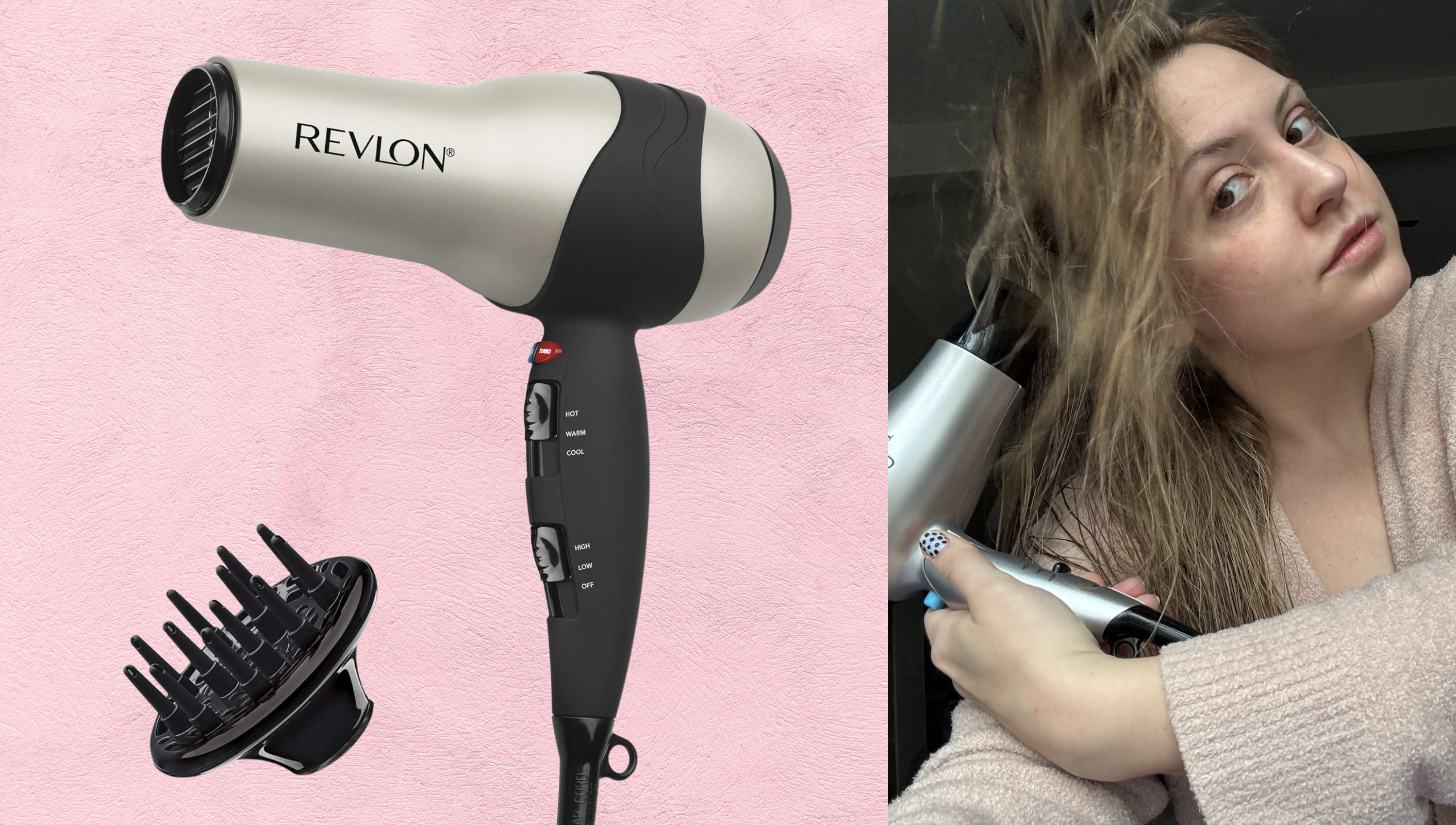affordable hair dryers on a pink background next to a brunette girl drying her hair
