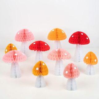 Set of 10 paper honeycomb mushrooms in red, pink, and orange