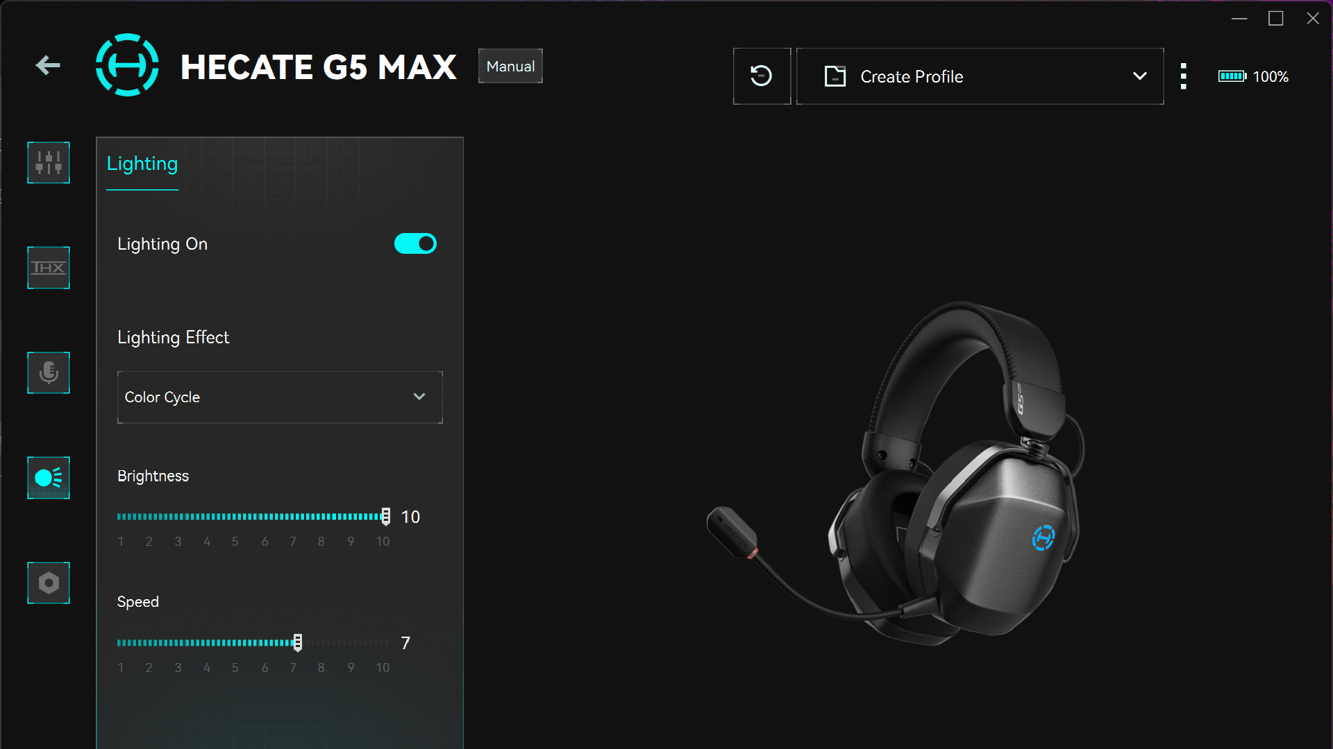 A screenshot of the RGB lighting settings in the Edifier Hecate software