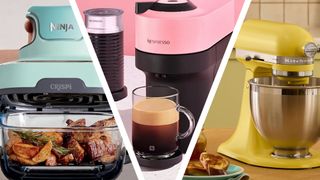 Mint colored Ninja Crispi air fryer, candy pink Nespresso Vertuo Pop coffee maker, and butter yellow KitchenAid stand mixer