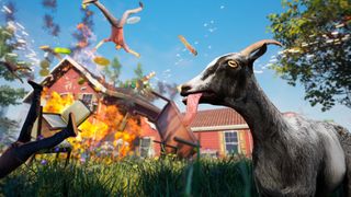 A goat in front of a burning building