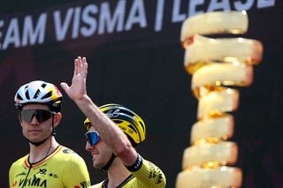 Team Visma-Lease a Bike's British rider Simon Yates waves during the presentation prior to the 3th stage of the 108th Giro d'Italia cycling race 160kms from Vlore to Vlore in Albania on May 11, 2025. (Photo by Luca Bettini / AFP)