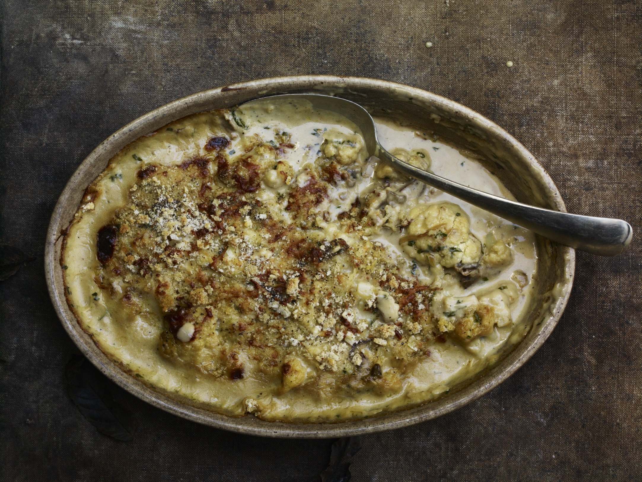 Oval dish of cauliflower gratin