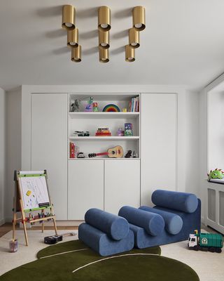 characterful blue lounger in living space in New York townhouse
