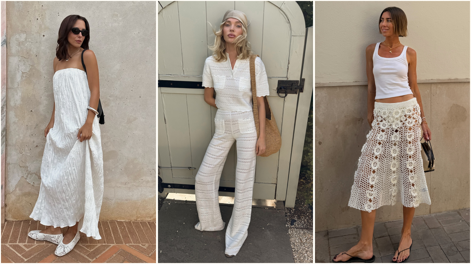 Three images of influencers wearing crochet looks, including crochet flats, a top and trousers and a crochet skirt.