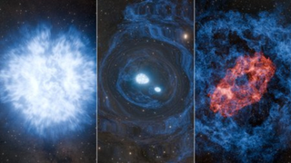 Illustration of a hypothesized event known as a superkilonova. A massive star explodes in a supernova (left), which generates elements like carbon and iron. In the aftermath, two neutron stars are born (middle), at least one of which is believed to be less massive than our Sun. The neutron stars spiral together, sending gravitational waves rippling through the cosmos, before merging in a dramatic kilonova (right). Kilonovae seed the universe with the heaviest elements, such as gold at platinum, which glow with red light.