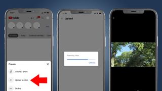 Three iPhone screens showing the YouTube upload process