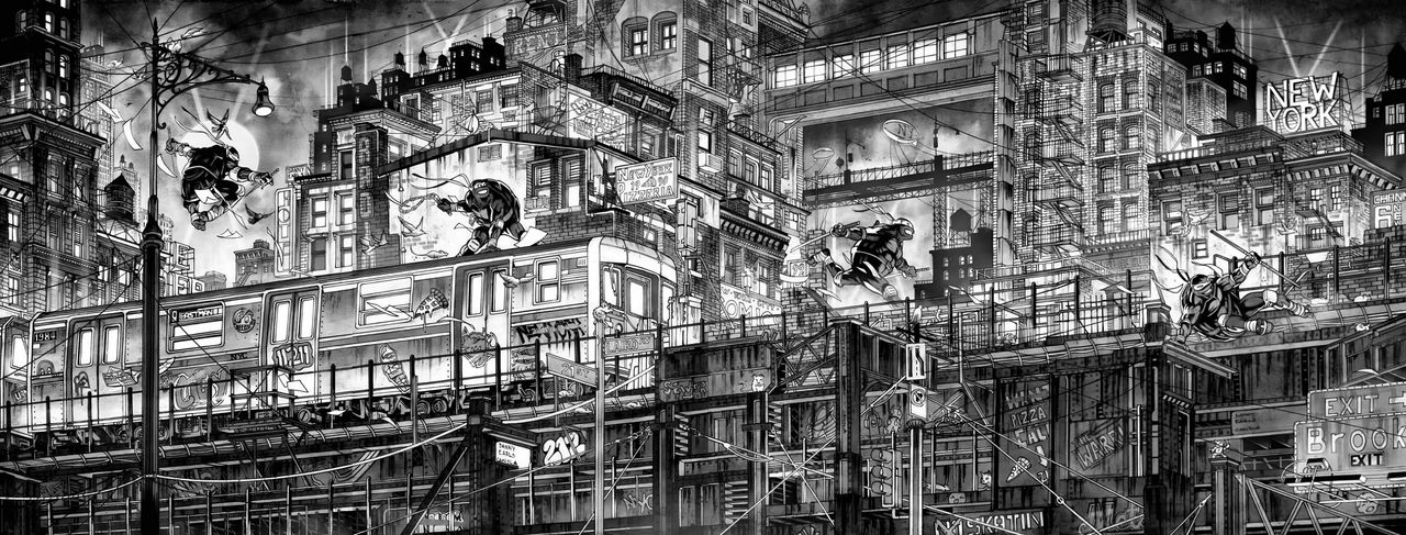 Danny Earles' black and white connecting covers for TMNT #1&ndash;4.