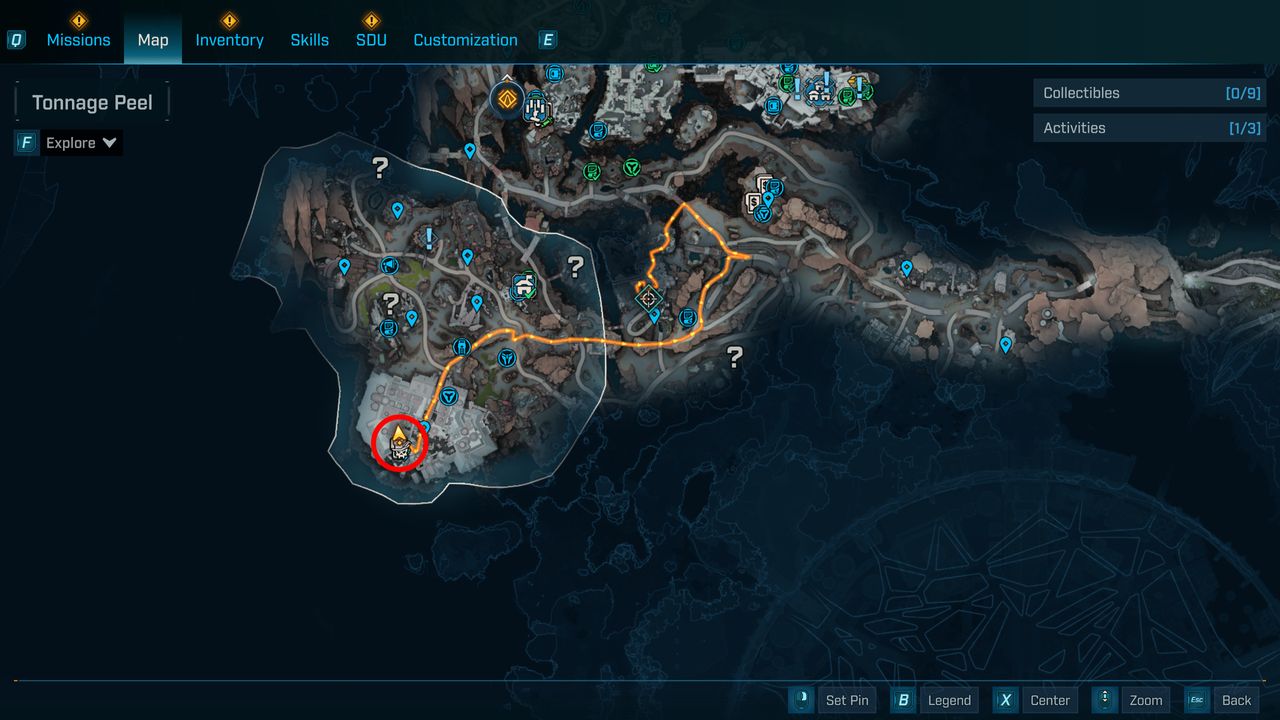 Borderlands 4 Katagawa's Revenge location: A map with a red circle highlighting the location of Queen's Cradle in Tonnage Peel, Carcadia Burn, where you can get Katagawa's Revenge.
