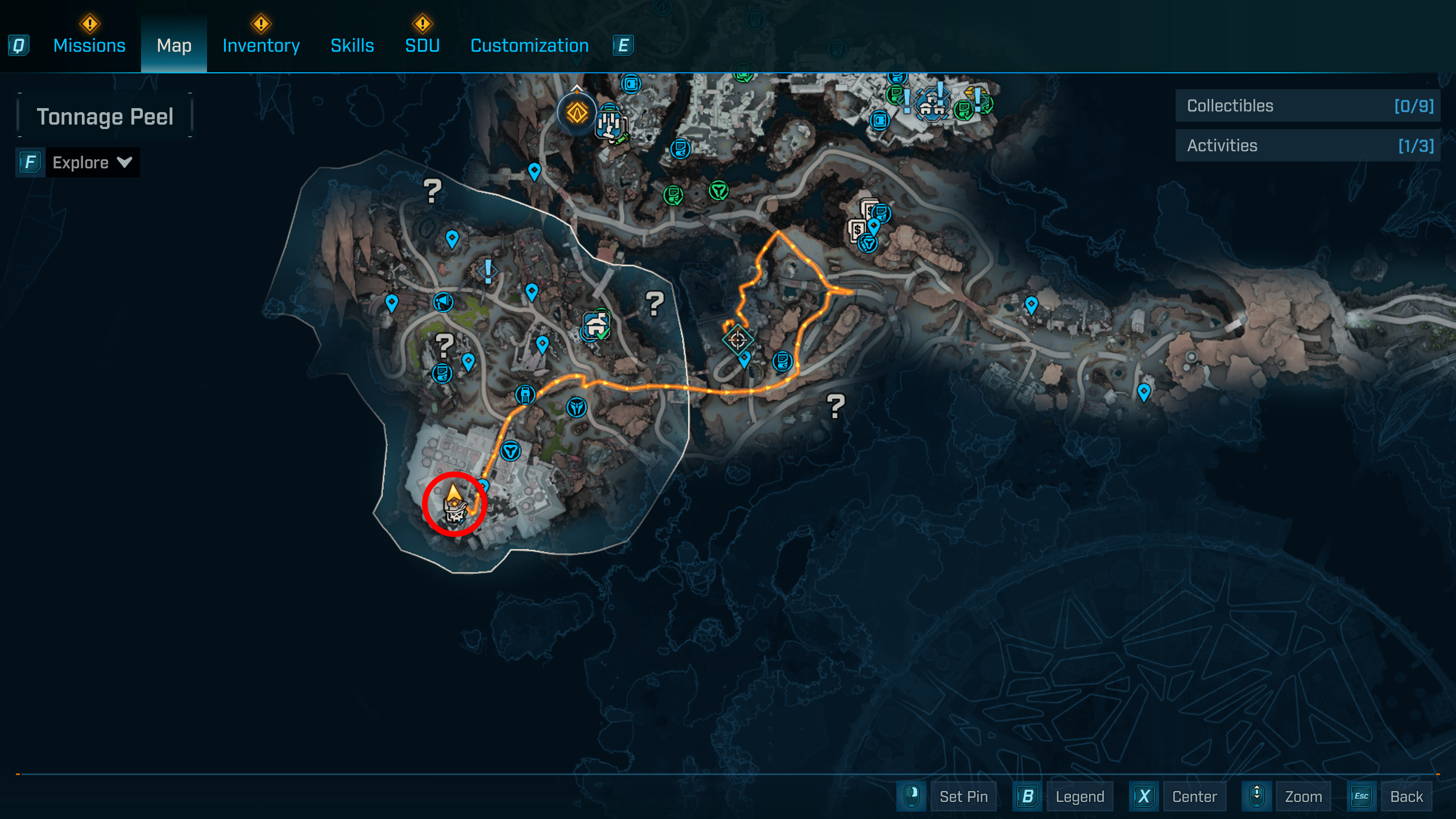 Borderlands 4 Katagawa's Revenge location: A map with a red circle highlighting the location of Queen's Cradle in Tonnage Peel, Carcadia Burn, where you can get Katagawa's Revenge.