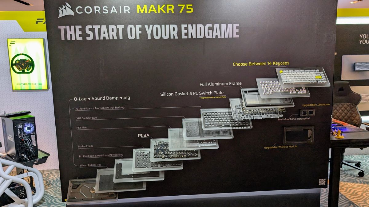 Corsair MAKR 75 display showing keyboard build layers at Computex 2025