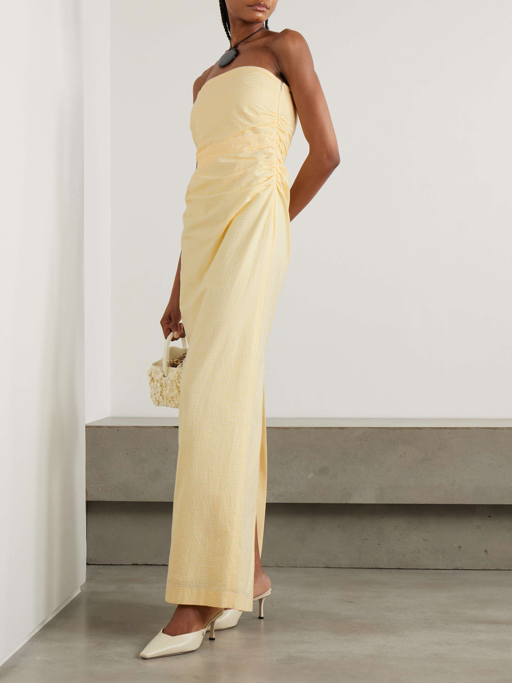 Vera Strapless Ruched Striped Cotton-Seersucker Maxi Dress