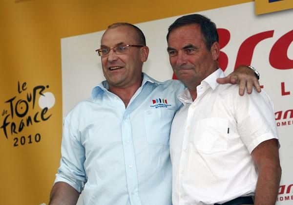 Laurent Fignon and Bernard Hinault at the 2010 Tour de France.