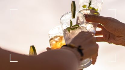 Group of friends mindful drinking and touching glasses of clear liquid with lime on the side together against hazy grey sky