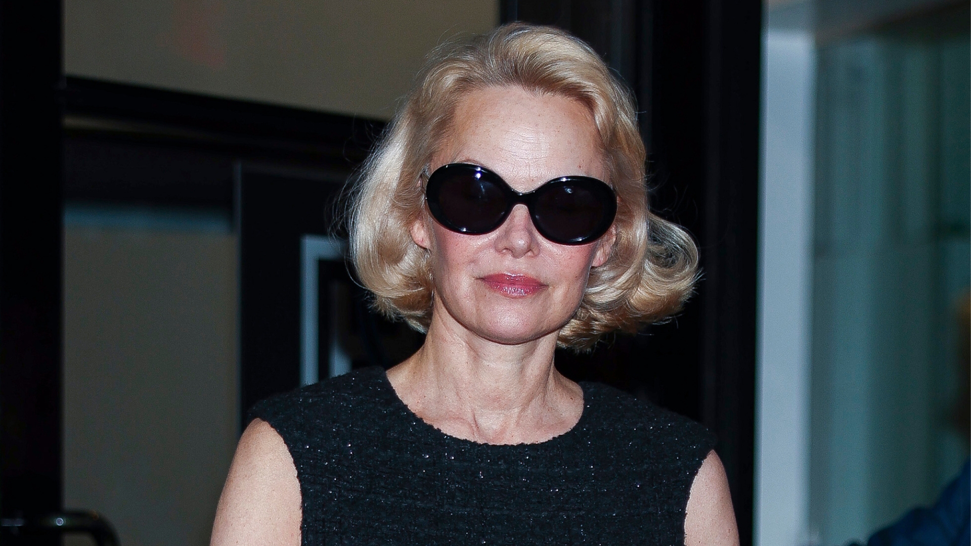 On the left, Pamela Anderson is seen with a short, wavy bob hairstyle and wearing black sunglasses and a black dress in the Meatpacking District on May 21, 2025 in New York City