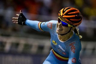 Belgium's Kelly Druyts celebrates after winning the gold medal during the Women's Scratch Race