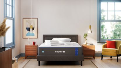 Nectar Memory Foam mattress in mid-century modern styled bedroom, pampas grass and yellow chair