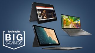 Three Lenovo laptops on a blue background with TechRadar Big Savings badge