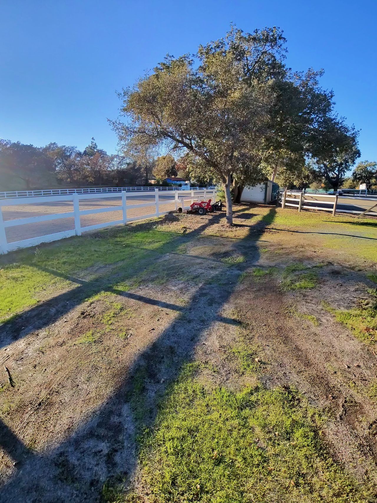 A photo taken with the Oakley Meta Vanguard smart glasses, showing muddy grass and a tree next to a horse corral.