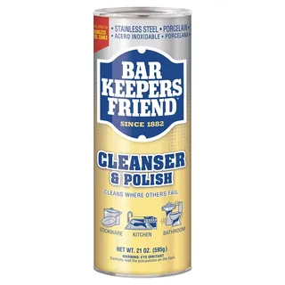 A yellow and gray metal cylinder container with bar keepers friend branding